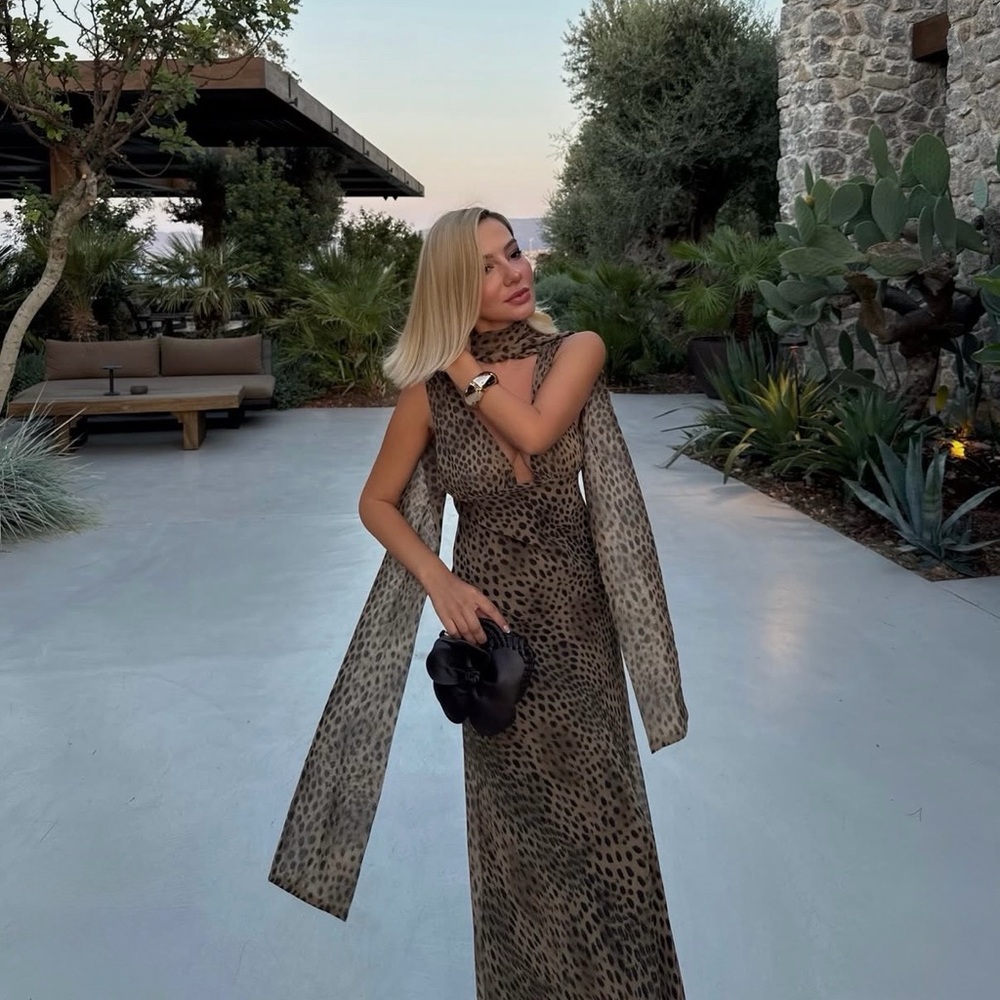 Zara Leopard Animal cheetah Print Evening Gown with Scarf maxi dress